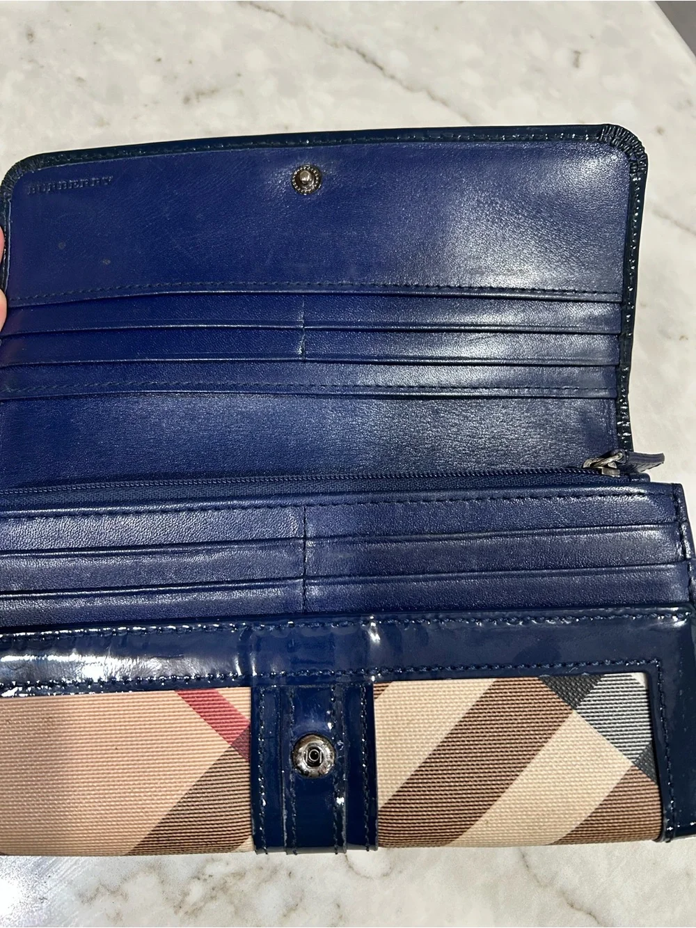 Burberry Beige Check Wallet with Navy Patent Trim - Picture 2 of 4